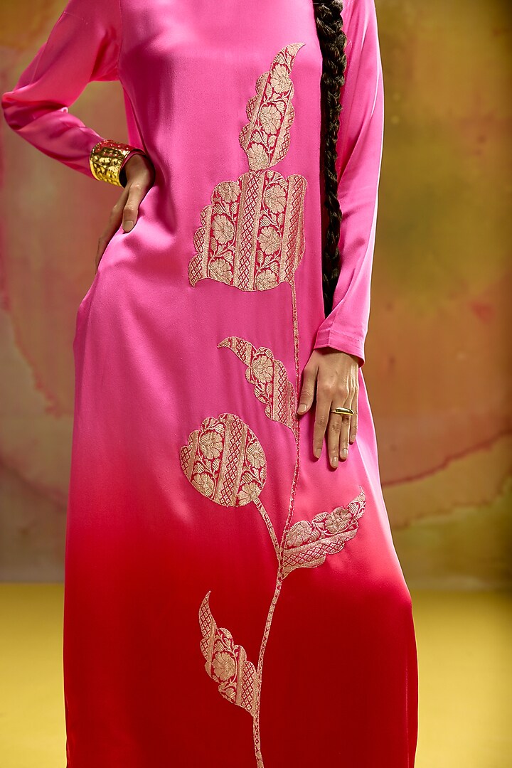 Red & Pink Ombre Modal Satin Banarasi Zari Applique Work Kurta Set by Kavitha Gutta at Pernia's Pop Up Shop