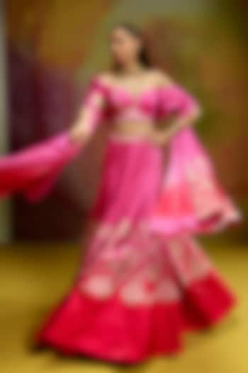 Red & Pink Shaded Modal Satin Banarasi Zari Applique Work Wedding Lehenga Set by Kavitha Gutta at Pernia's Pop Up Shop