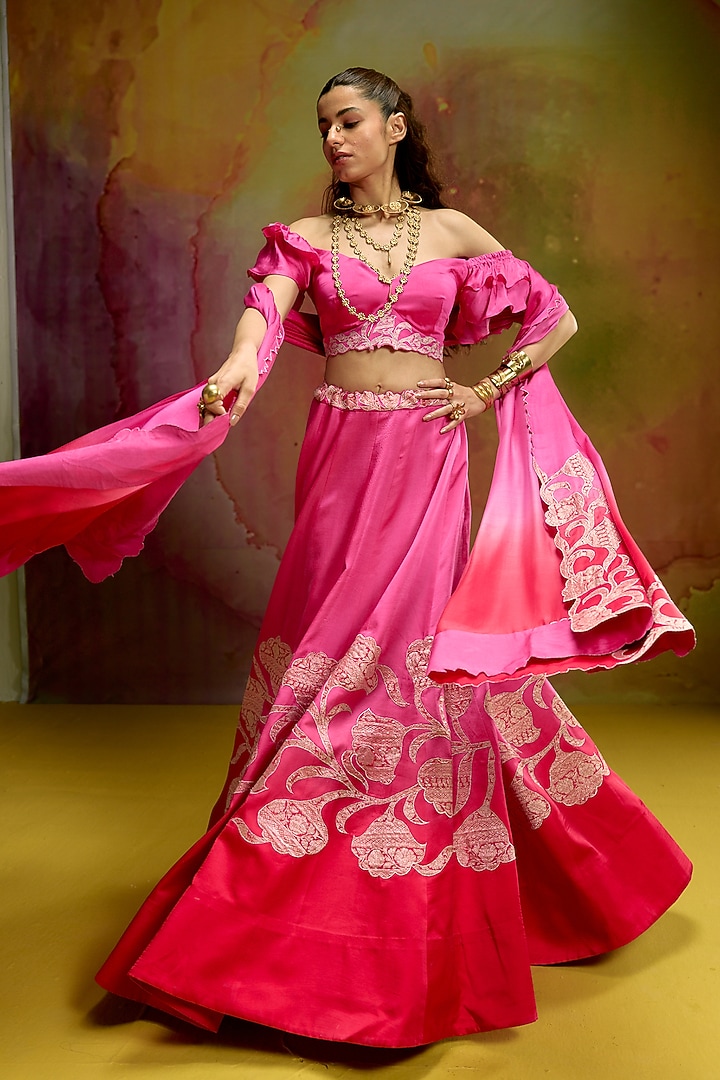 Red & Pink Shaded Modal Satin Banarasi Zari Applique Work Wedding Lehenga Set by Kavitha Gutta at Pernia's Pop Up Shop