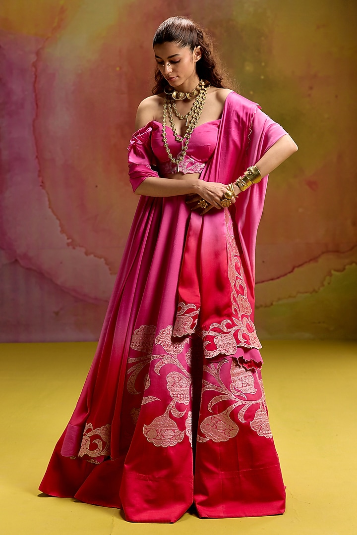 Red & Pink Shaded Modal Satin Banarasi Zari Applique Work Wedding Lehenga Set by Kavitha Gutta at Pernia's Pop Up Shop