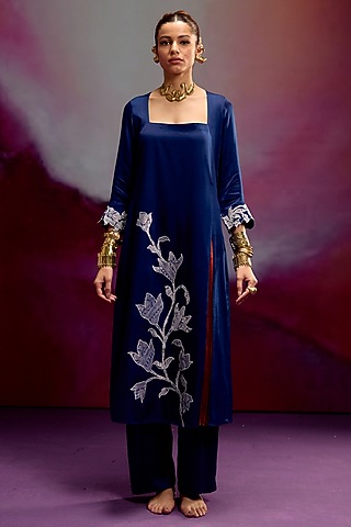 Navy Blue Modal Satin Banarasi Zari Applique Work Kurta Set by Kavitha Gutta