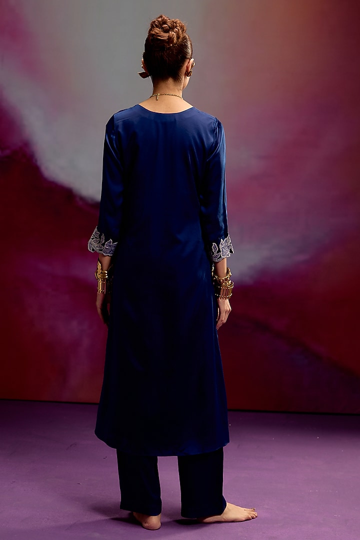 Navy Blue Modal Satin Banarasi Zari Applique Work Kurta Set by Kavitha Gutta at Pernia's Pop Up Shop
