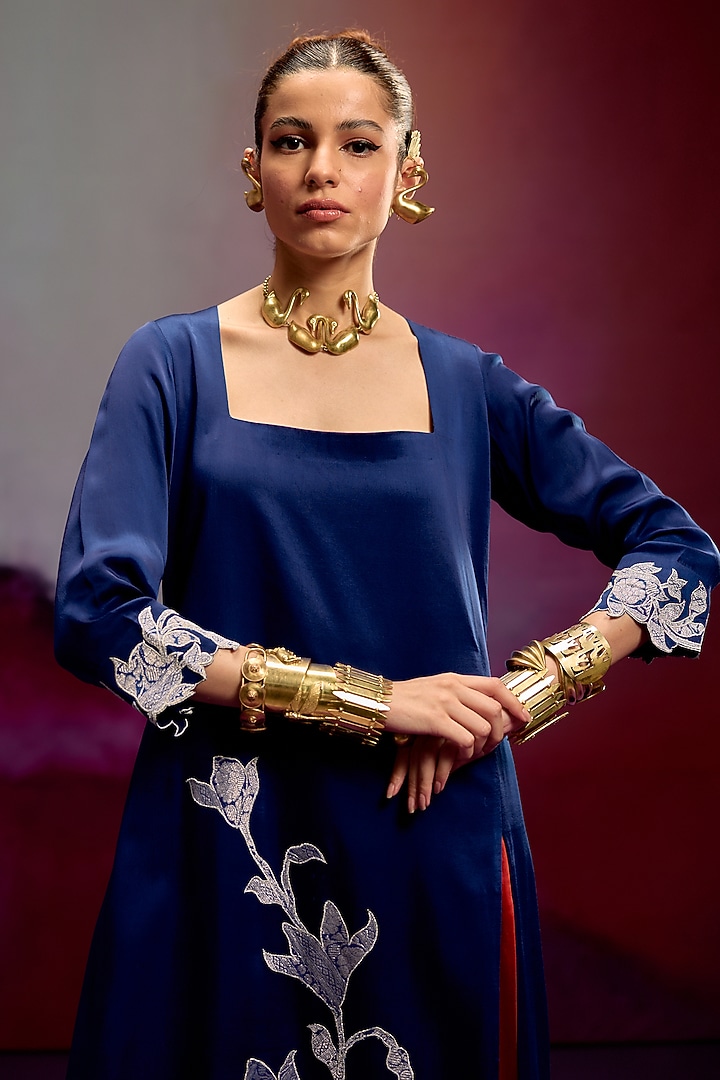 Navy Blue Modal Satin Banarasi Zari Applique Work Kurta Set by Kavitha Gutta at Pernia's Pop Up Shop