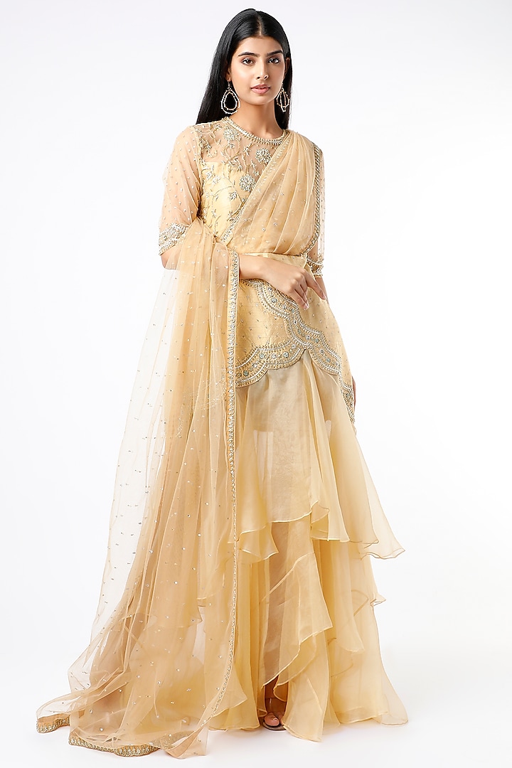 Beige Embroidered Saree Dress by Kavitha Gutta