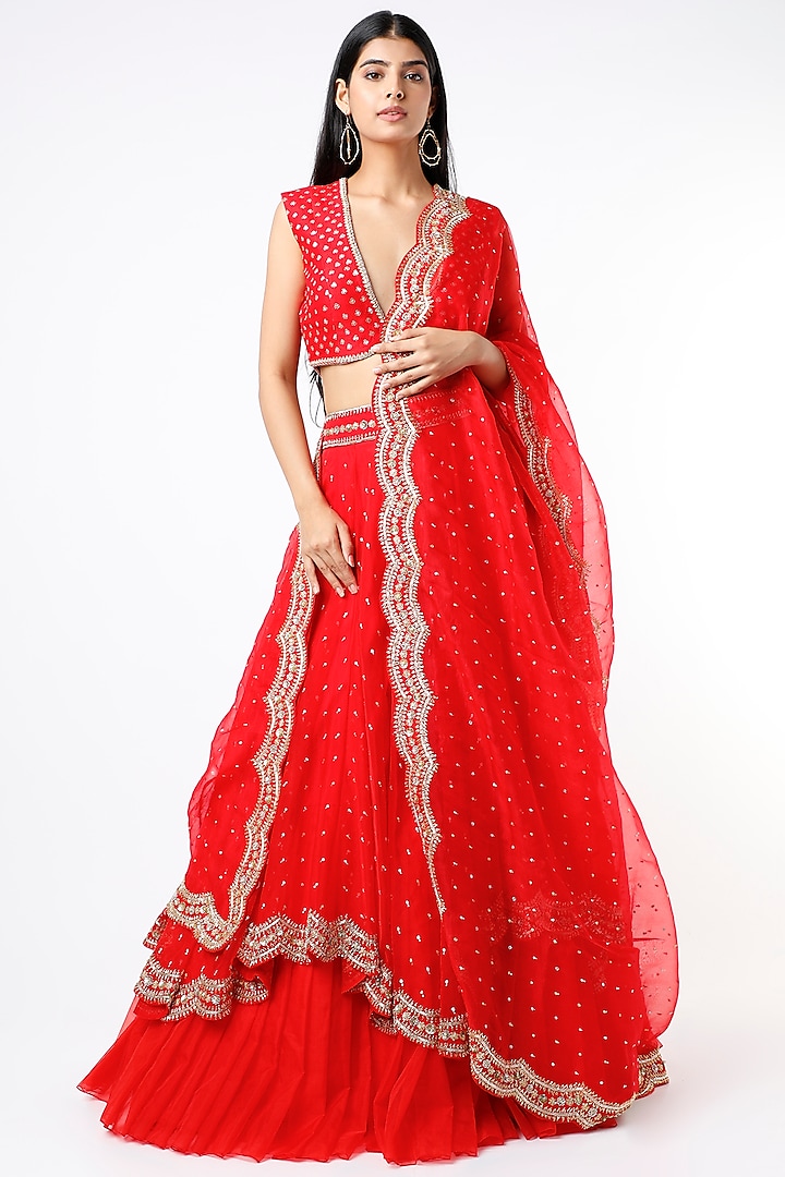 Red Hand Embroidered Lehenga Set by Kavitha Gutta