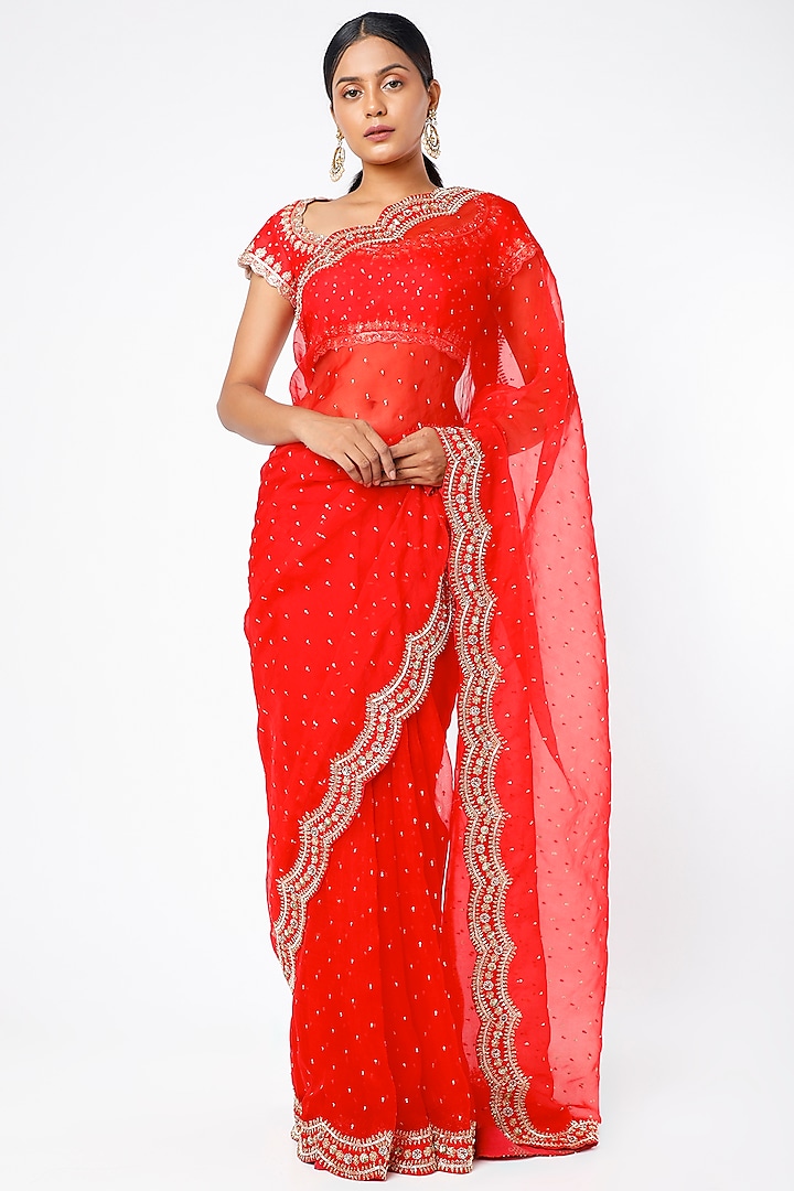 Red Hand Embroidered Saree Set by Kavitha Gutta