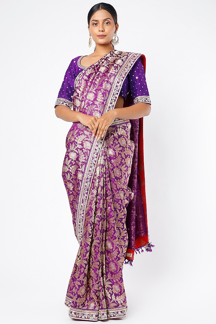 Purple Hand Embroidered Saree Set by Kavitha Gutta