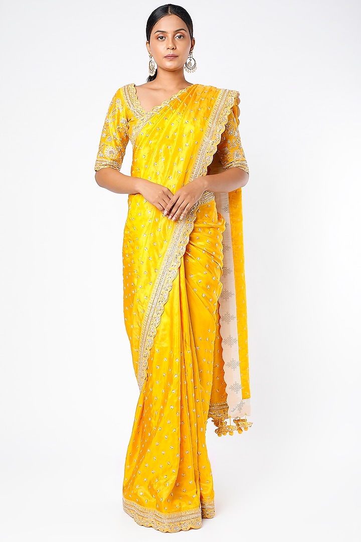 Yellow Pure Kanchi Tissue Saree Set by Kavitha Gutta