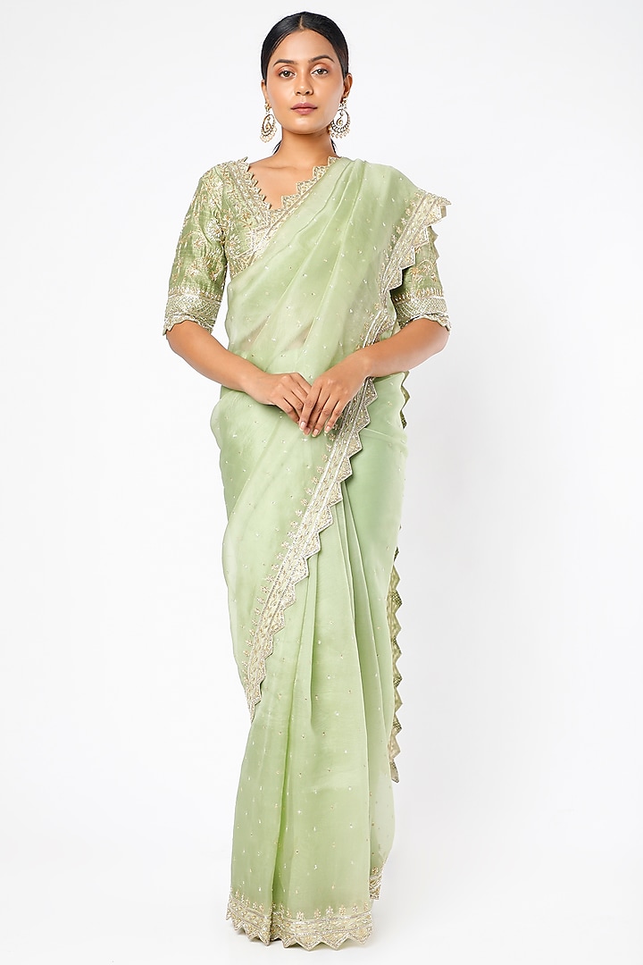 Mint Green Hand Embroidered Saree Set by Kavitha Gutta