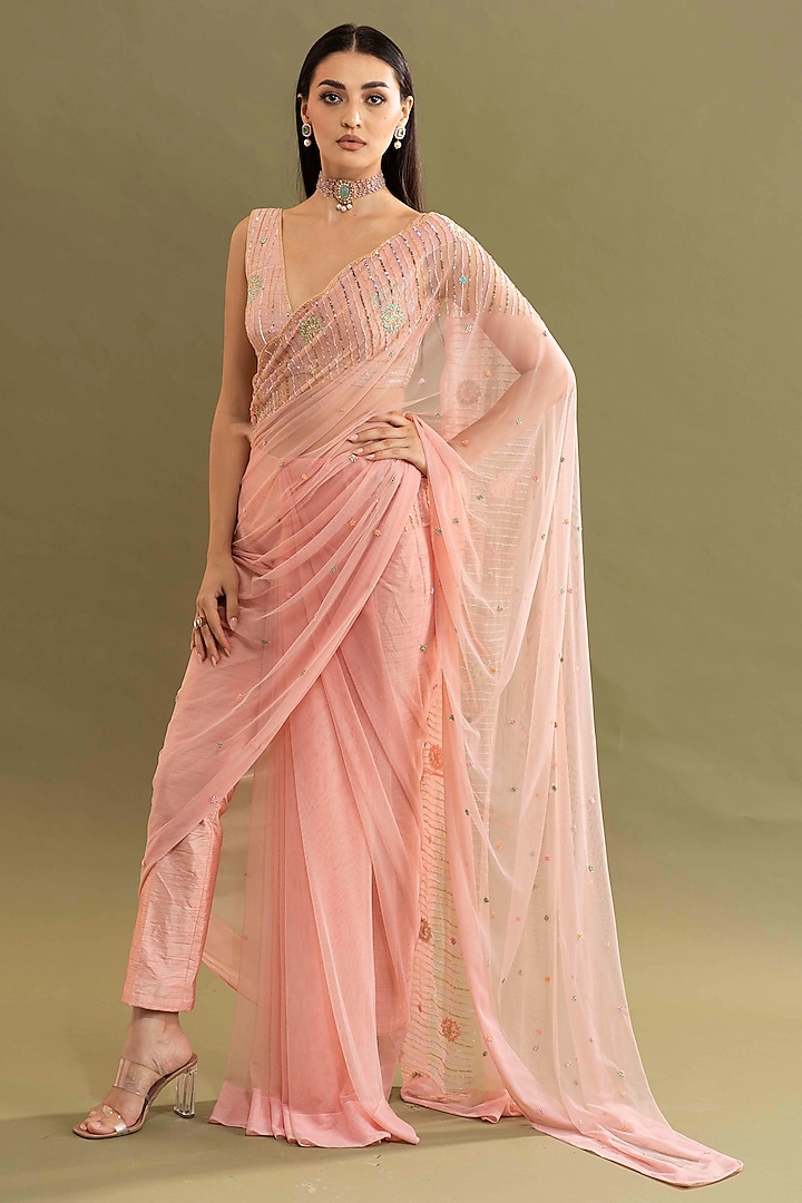 Rose Gold Embroidered Pant Saree Set by Kavitha Gutta