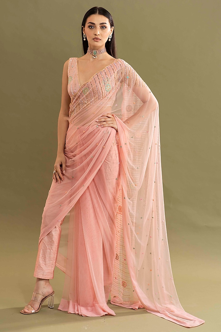 Rose Gold Embroidered Pant Saree Set by Kavitha Gutta at Pernia's Pop Up Shop