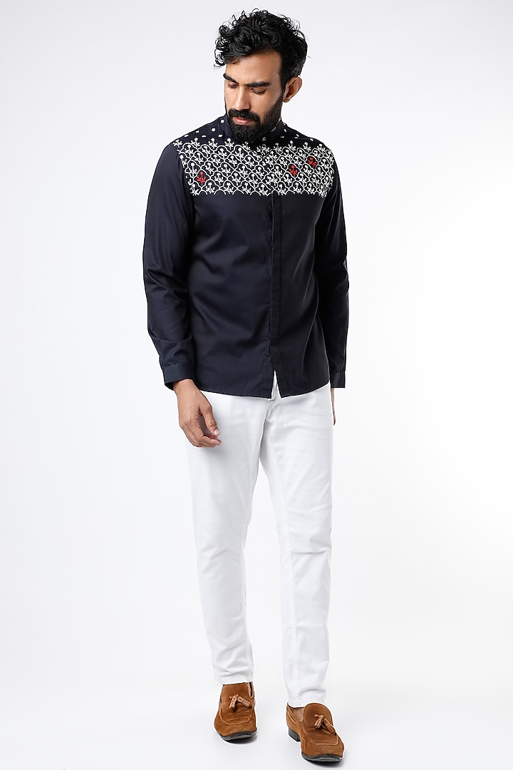 Black Hand Embroidered Party Wear Shirt by Kaha at Pernia's Pop Up Shop
