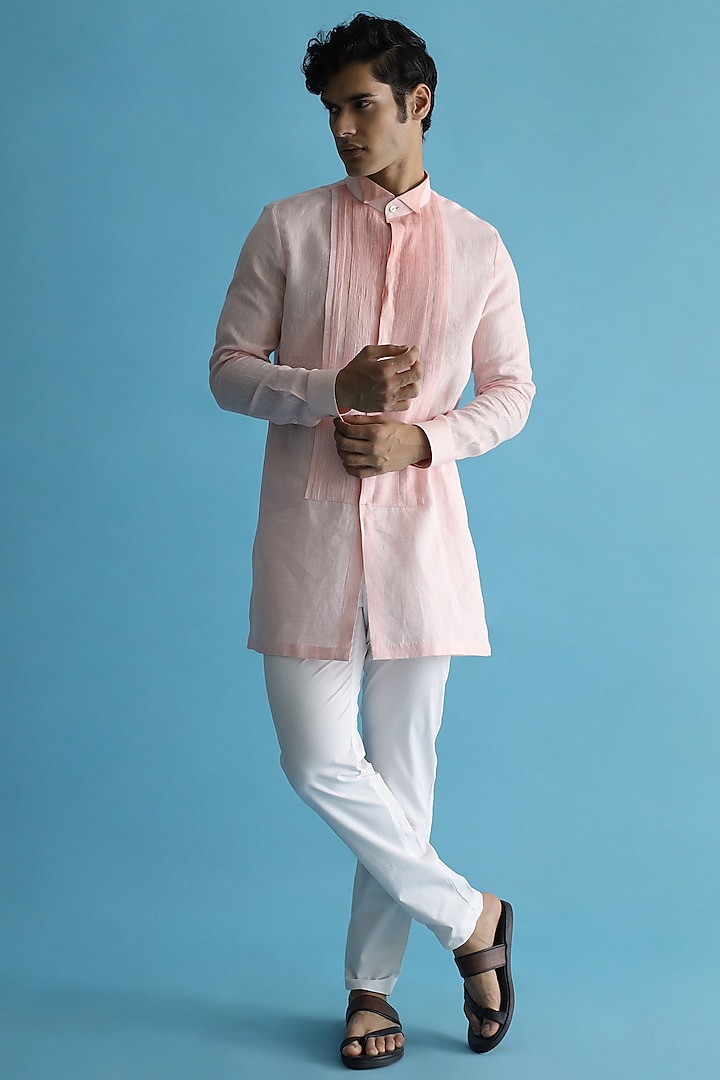 Blush Pink Ombre-Shaded Linen Shirt Kurta by Kaha