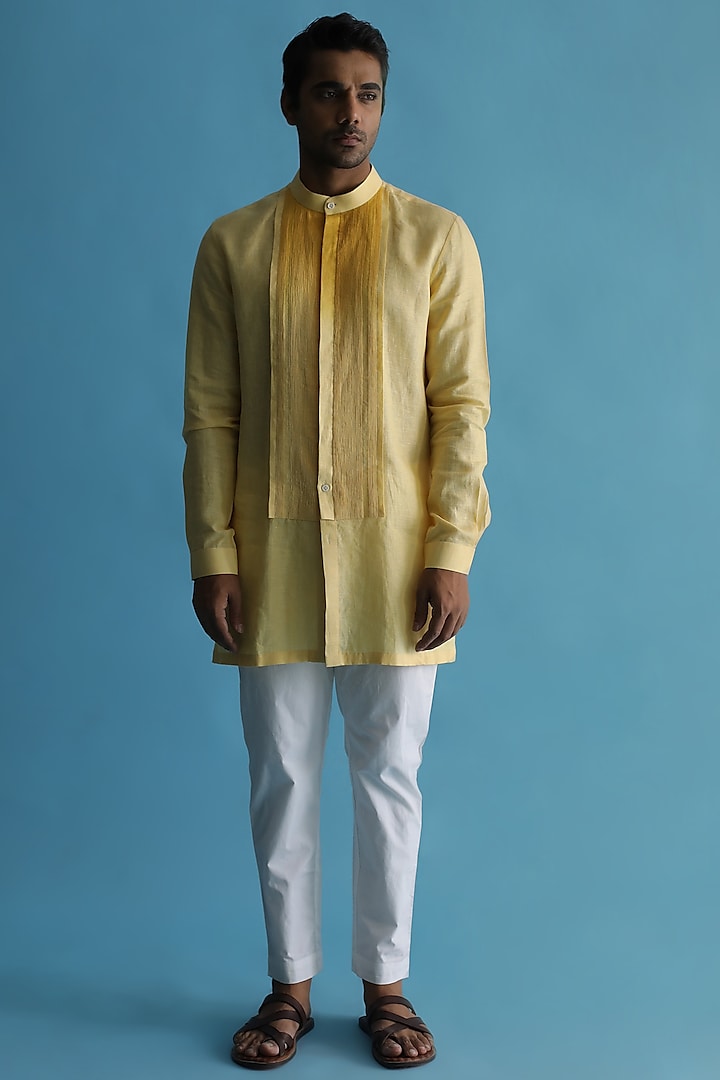 Yellow Ombre-Shaded Linen Shirt Kurta by Kaha