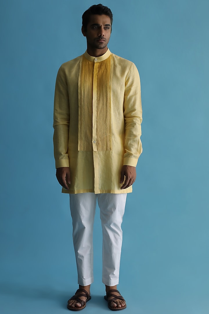 Yellow Ombre-Shaded Linen Shirt Kurta by Kaha at Pernia's Pop Up Shop