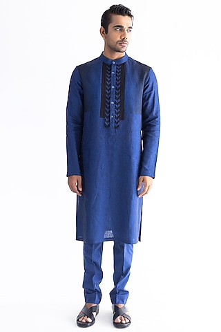 Cobalt Blue Shaded Linen Kurta Set by Kaha
