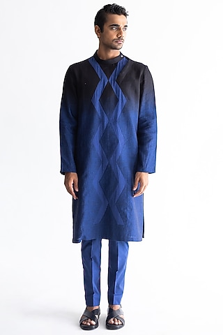Cobalt Blue Ombre-Shaded Linen Kurta Set by Kaha