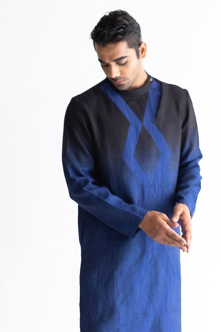 Cobalt Blue Ombre-Shaded Linen Kurta Set by Kaha at Pernia's Pop Up Shop