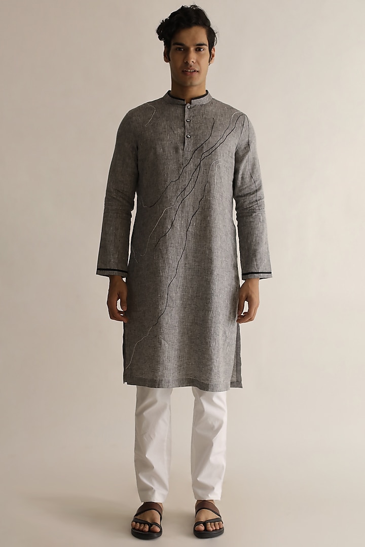 Grey Linen Embroidered Kurta Set by Kaha