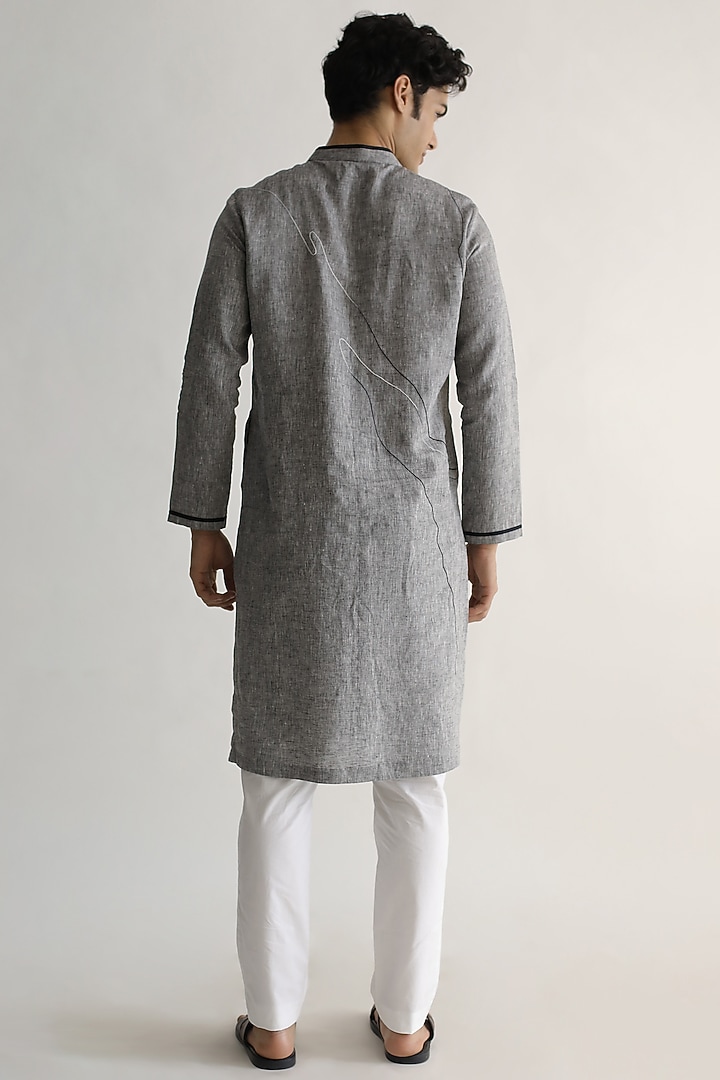 Grey Linen Embroidered Kurta Set by Kaha at Pernia's Pop Up Shop
