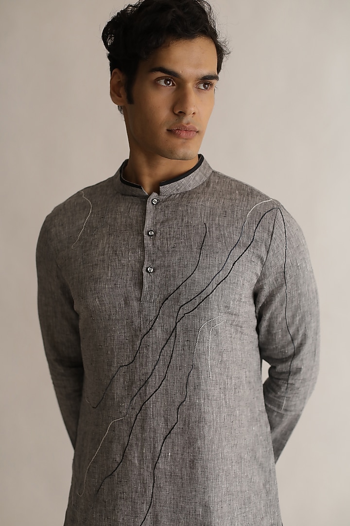 Grey Linen Embroidered Kurta Set by Kaha at Pernia's Pop Up Shop