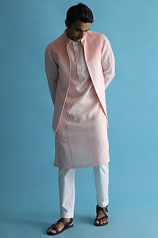 Blush Pink Embroidered Nehru Jacket With Kurta Set by Kaha