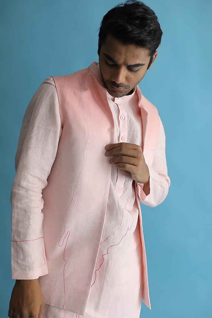 Blush Pink Embroidered Nehru Jacket With Kurta Set by Kaha at Pernia's Pop Up Shop
