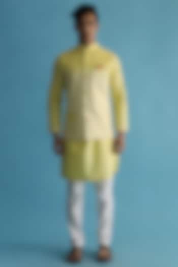 Yellow Ombre-Shaded Nehru Jacket With Kurta Set by Kaha