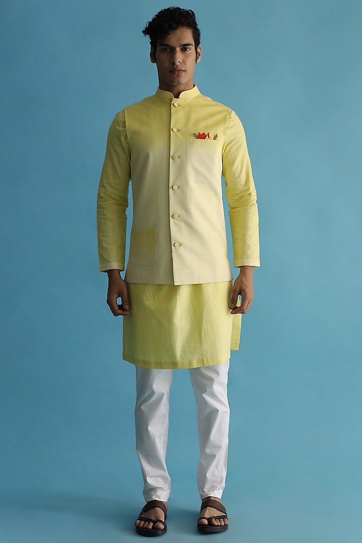 Yellow Ombre-Shaded Nehru Jacket With Kurta Set by Kaha