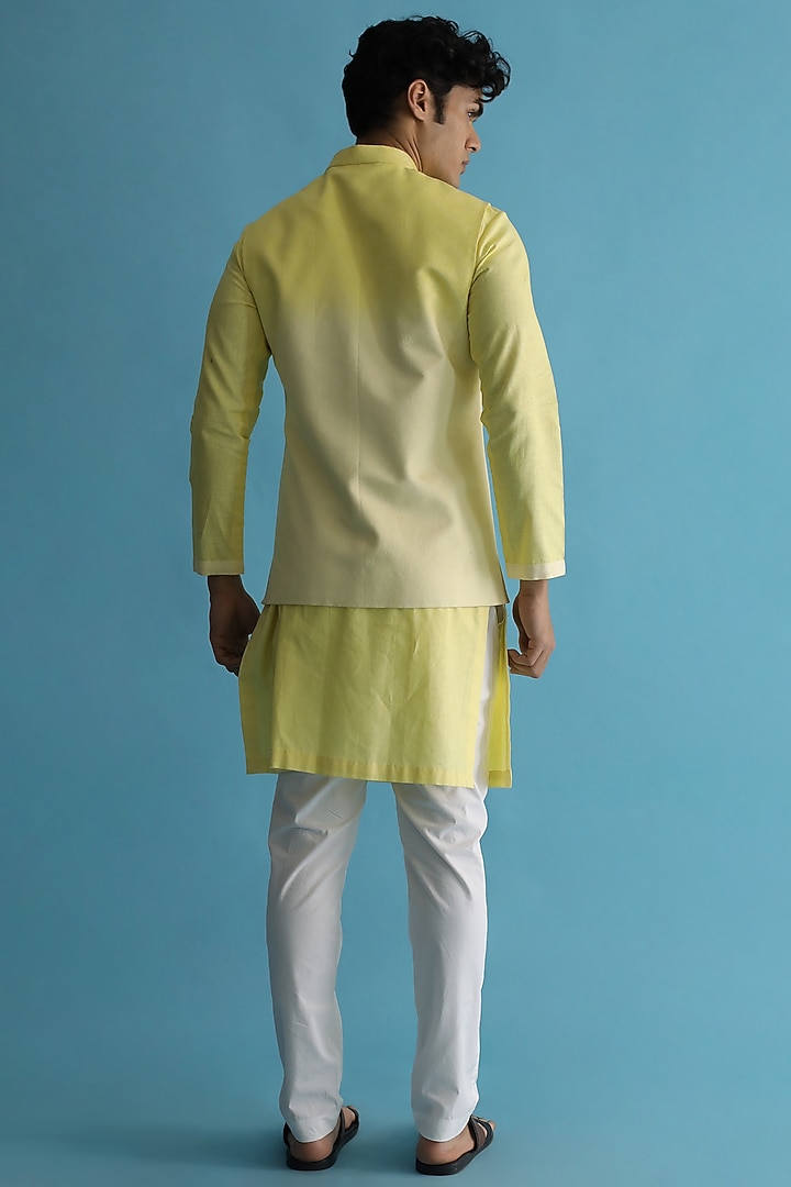 Yellow Ombre-Shaded Nehru Jacket With Kurta Set by Kaha at Pernia's Pop Up Shop