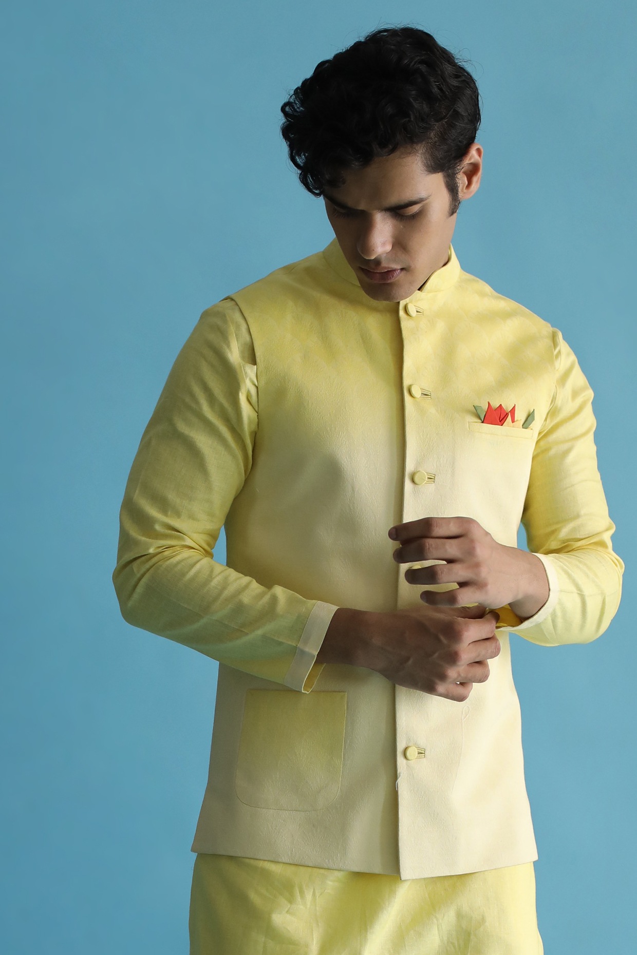 Men yellow & Black Kurta with Churidar & Printed Nehru Jacket - KRAFT INDIA  - 3738525