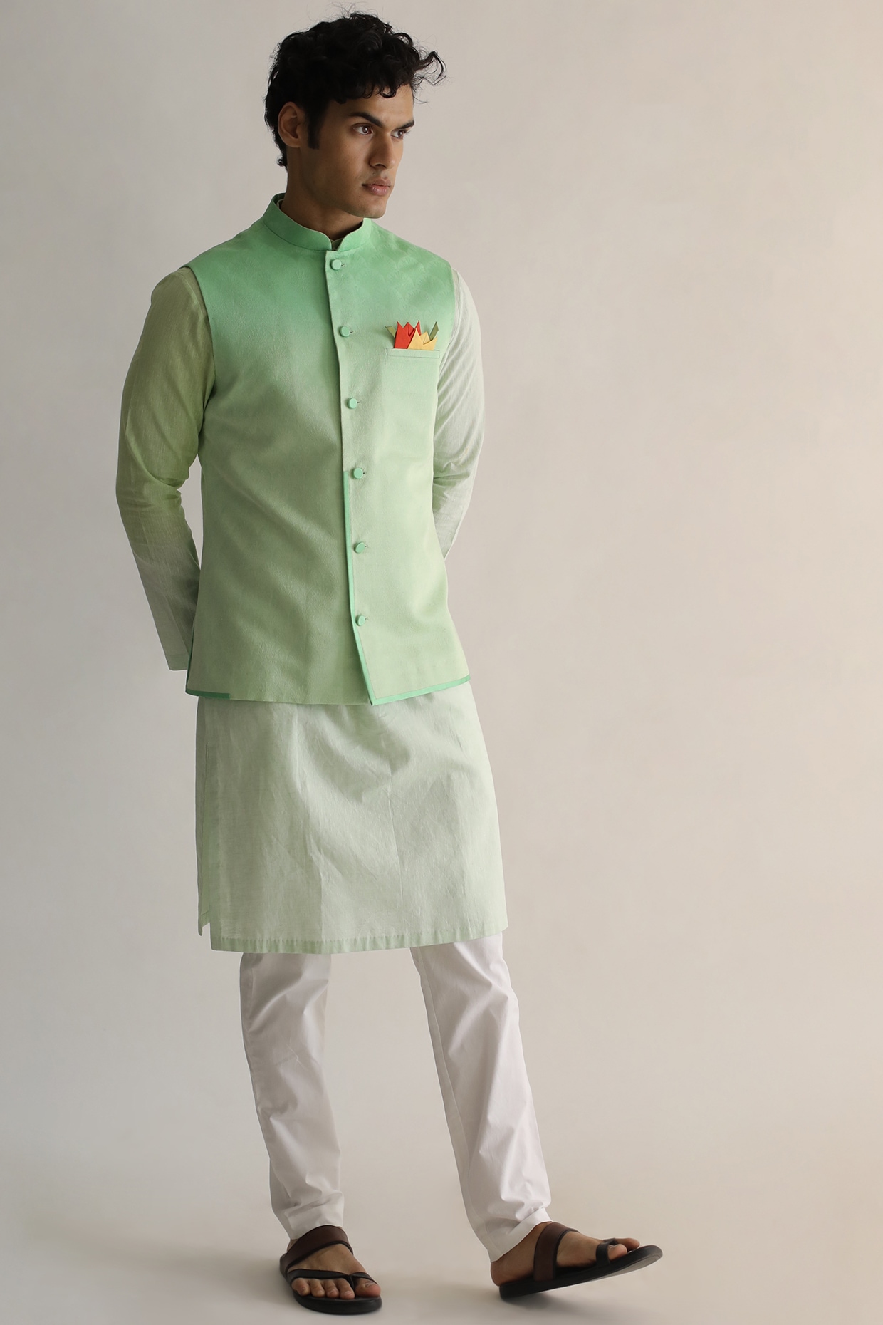Pista Green Banarasi Art Silk Kurta Pajama with Jacket - MNEB1003...