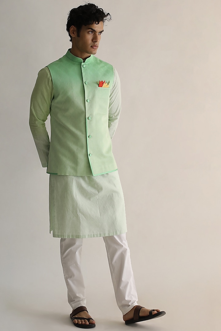 Mint Green Ombre-Shaded Nehru Jacket With Kurta Set by Kaha