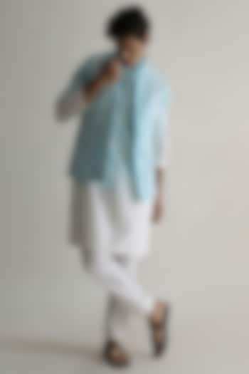 Light Blue Ombre-Shaded Nehru Jacket With Kurta Set by Kaha