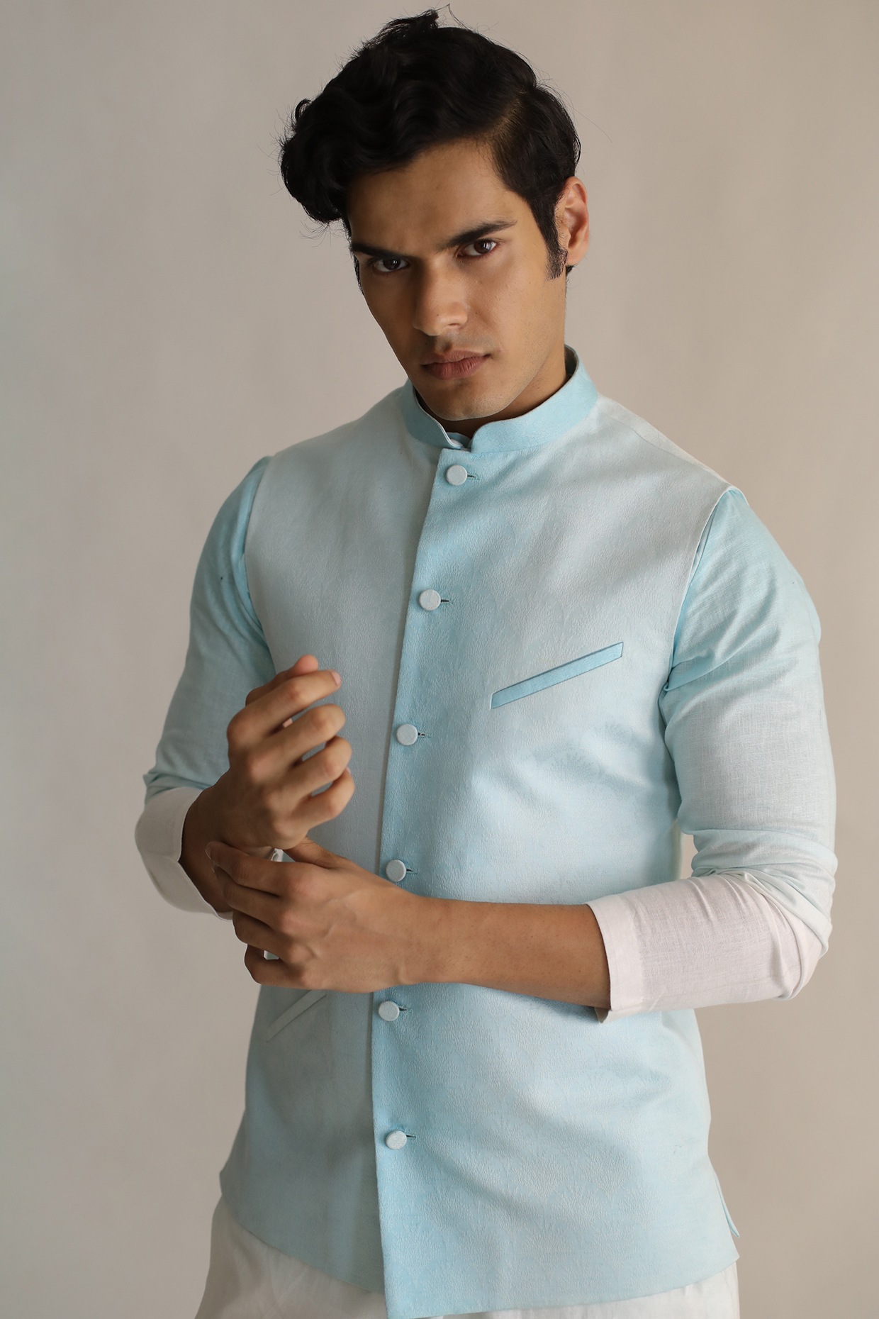 Solid Color Terry Rayon Nehru Jacket in Light Blue : MNK294