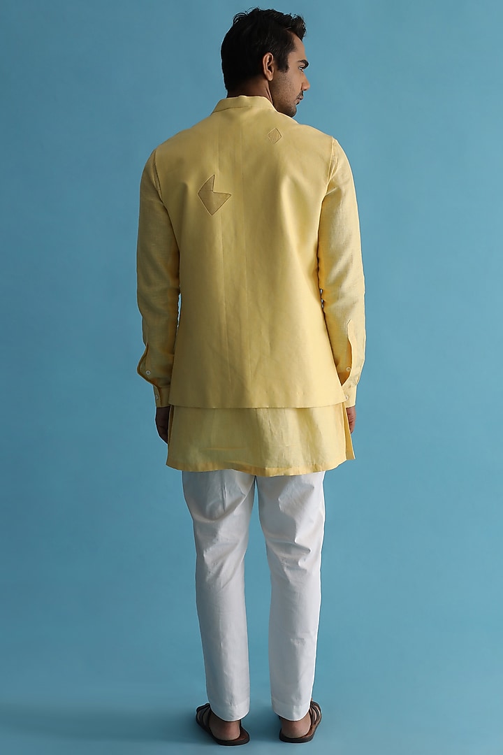 Yellow Linen Nehru Jacket by Kaha at Pernia's Pop Up Shop