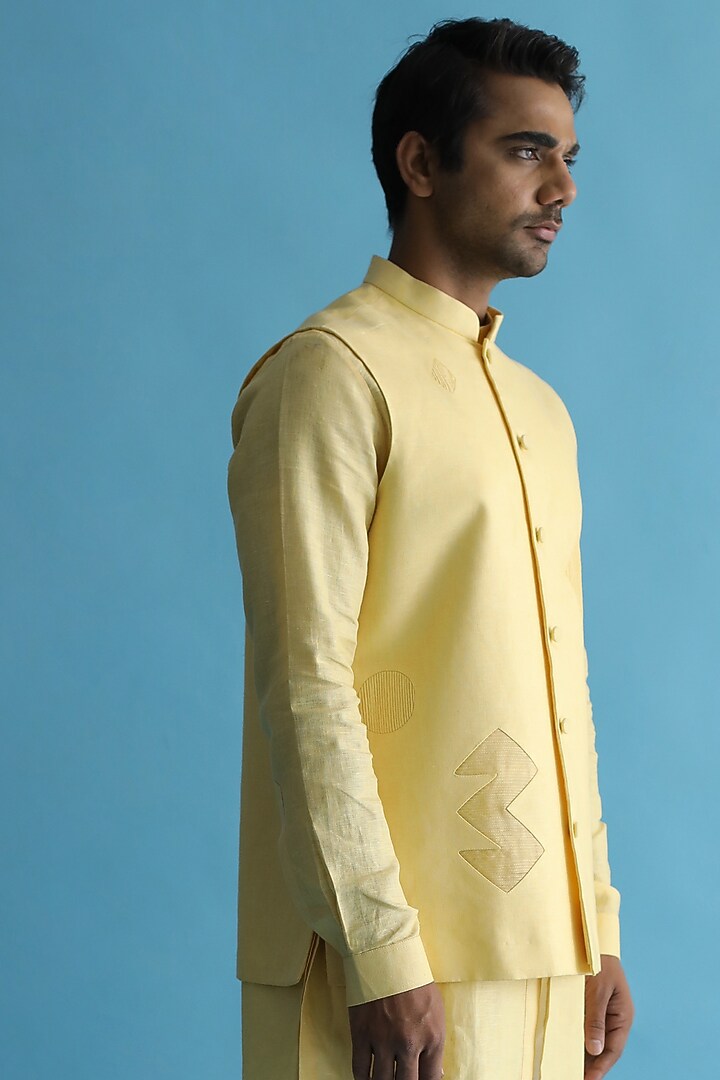 Yellow Linen Nehru Jacket by Kaha at Pernia's Pop Up Shop