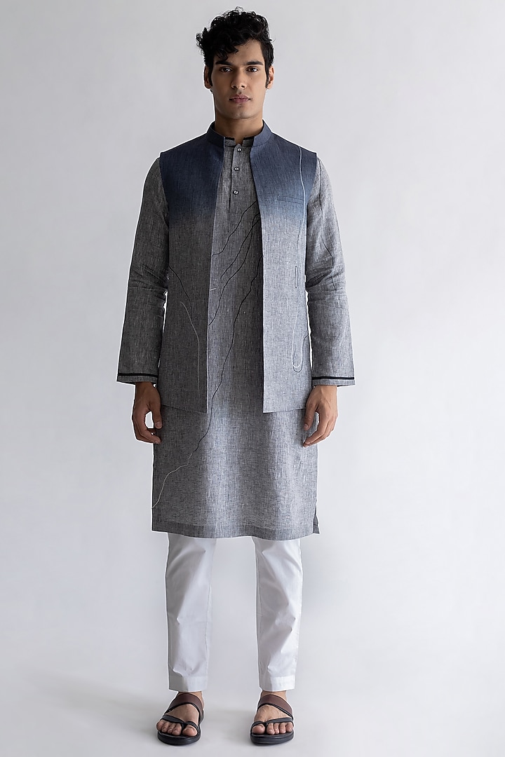 Grey Embroidered Bundi Jacket With Kurta Set by Kaha