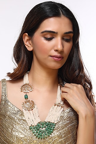 Gold Plated Green Onyx & Pearl Necklace by Kiara