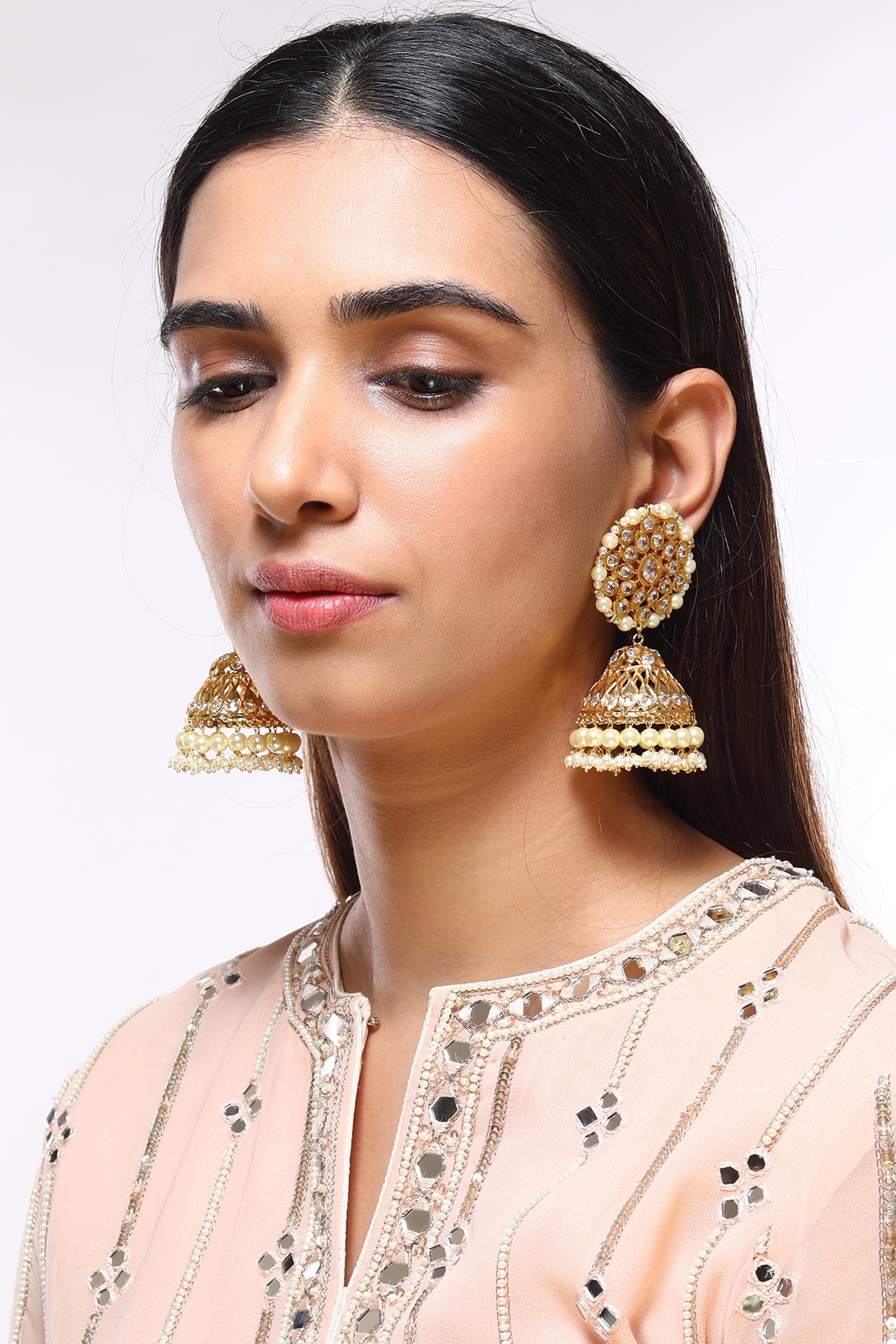 Buy Pink And Peach Gold-Plated Kundan And Pearls Jhumka Earring With Hair  Chain Online - KARMAPLACE — Karmaplace