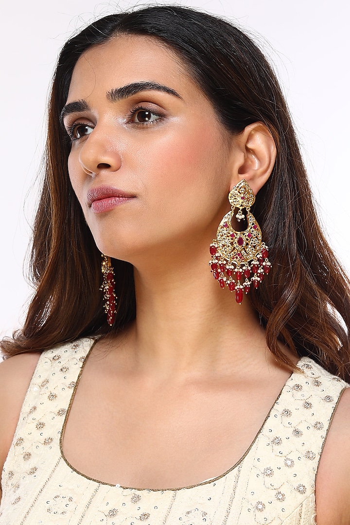 Gold Plated Red Onyx Earrings by Kiara