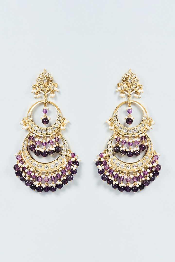 Gold Plated Purple Amethyst & Kundan Polki Chandbali Earrings by Kiara at Pernia's Pop Up Shop