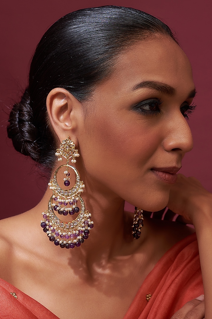 Gold Plated Purple Amethyst & Kundan Polki Chandbali Earrings by Kiara at Pernia's Pop Up Shop