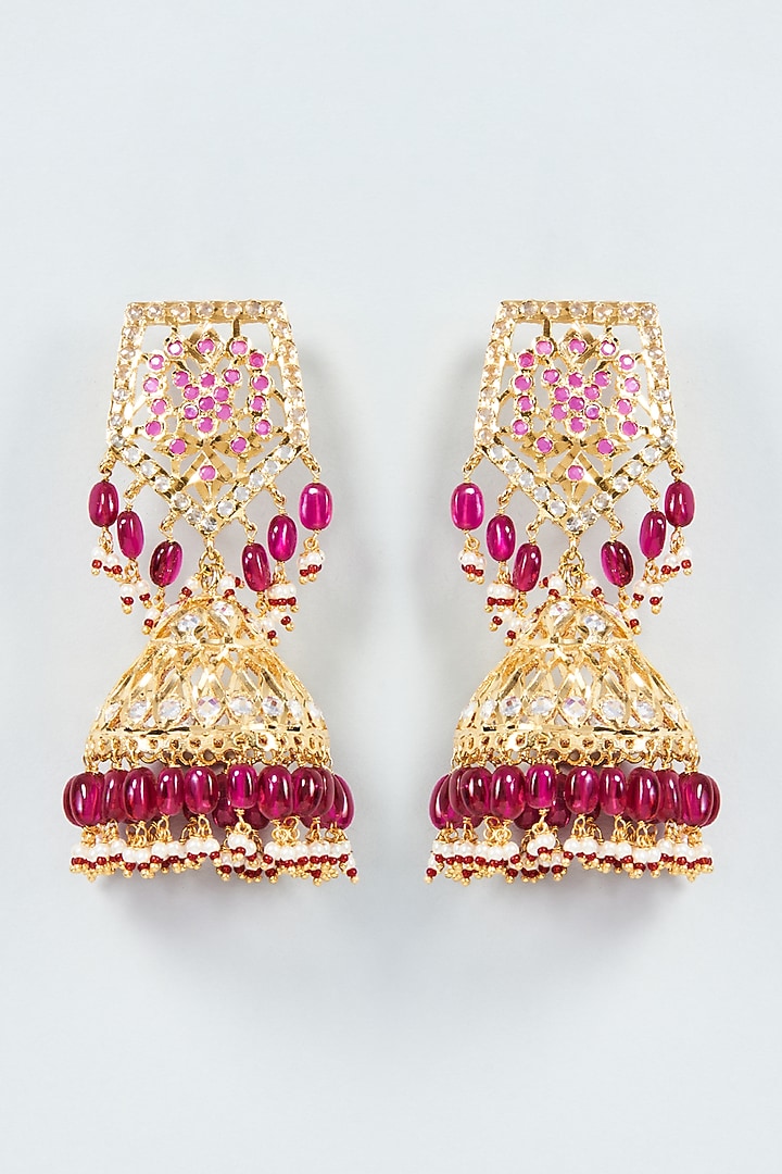 Gold Plated Red Onyx & Kundan Polki Jhumka Earrings by Kiara at Pernia's Pop Up Shop