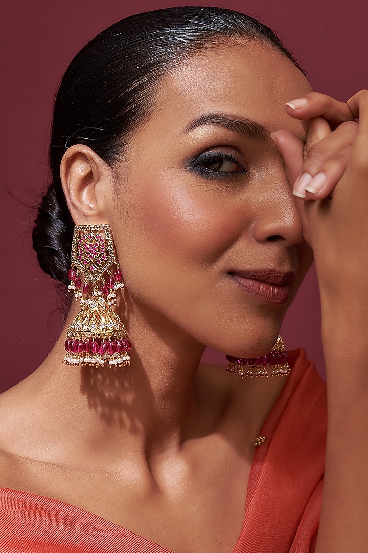 Gold Plated Red Onyx & Kundan Polki Jhumka Earrings by Kiara at Pernia's Pop Up Shop