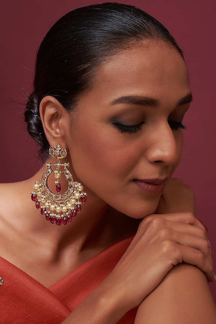Gold Plated Red Onyx & Kundan Polki Chandbali Earrings by Kiara at Pernia's Pop Up Shop