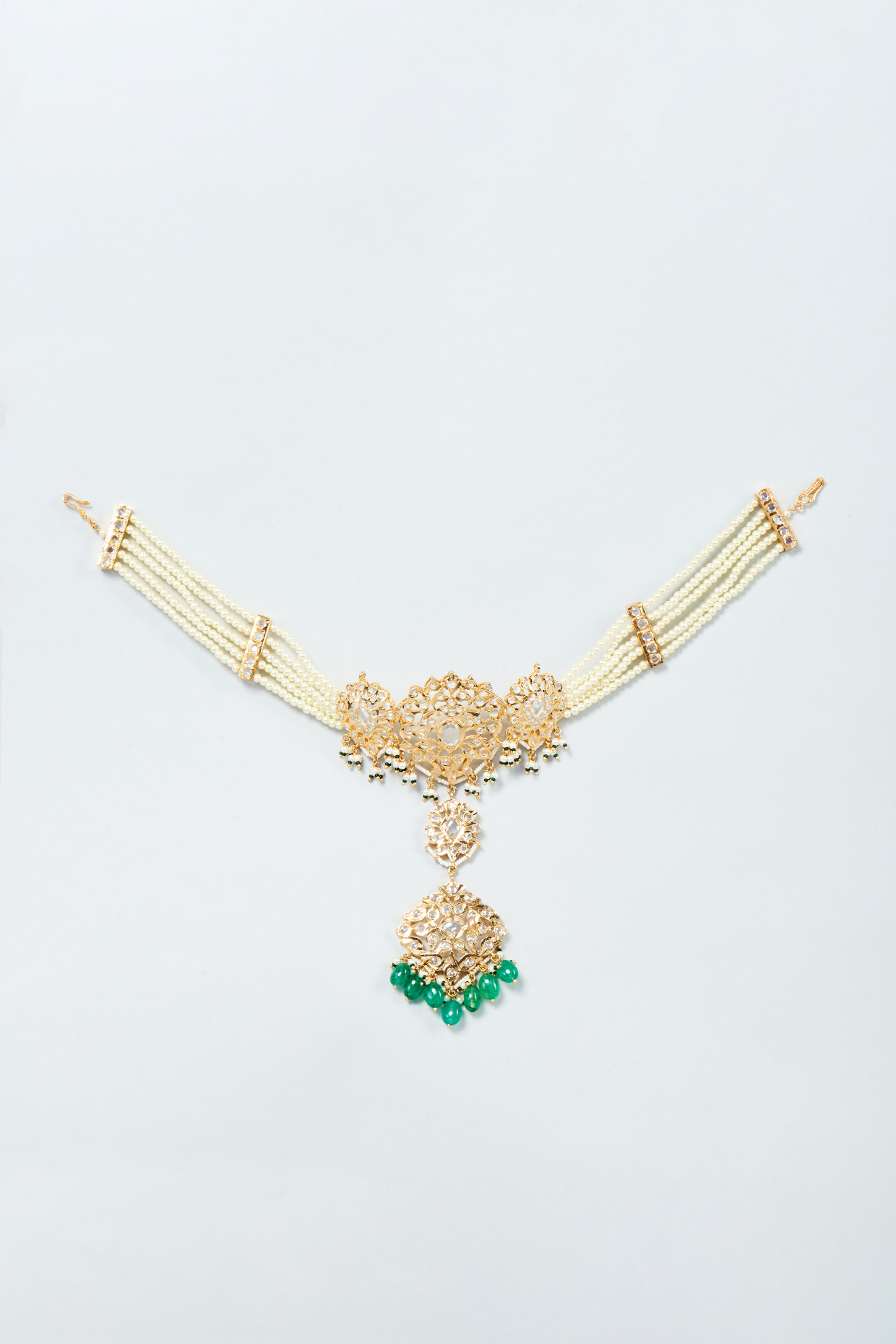 Gold Plated Green Onyx & Kundan Polki Mathapatti by Kiara