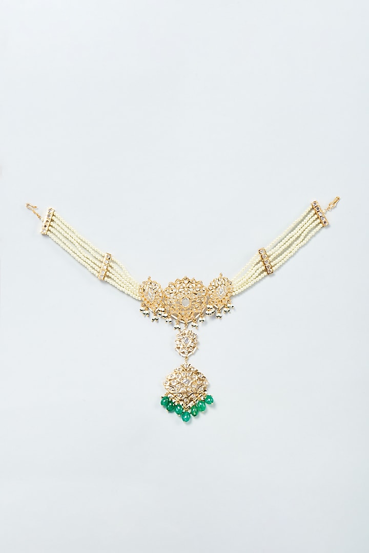 Gold Plated Green Onyx & Kundan Polki Mathapatti by Kiara