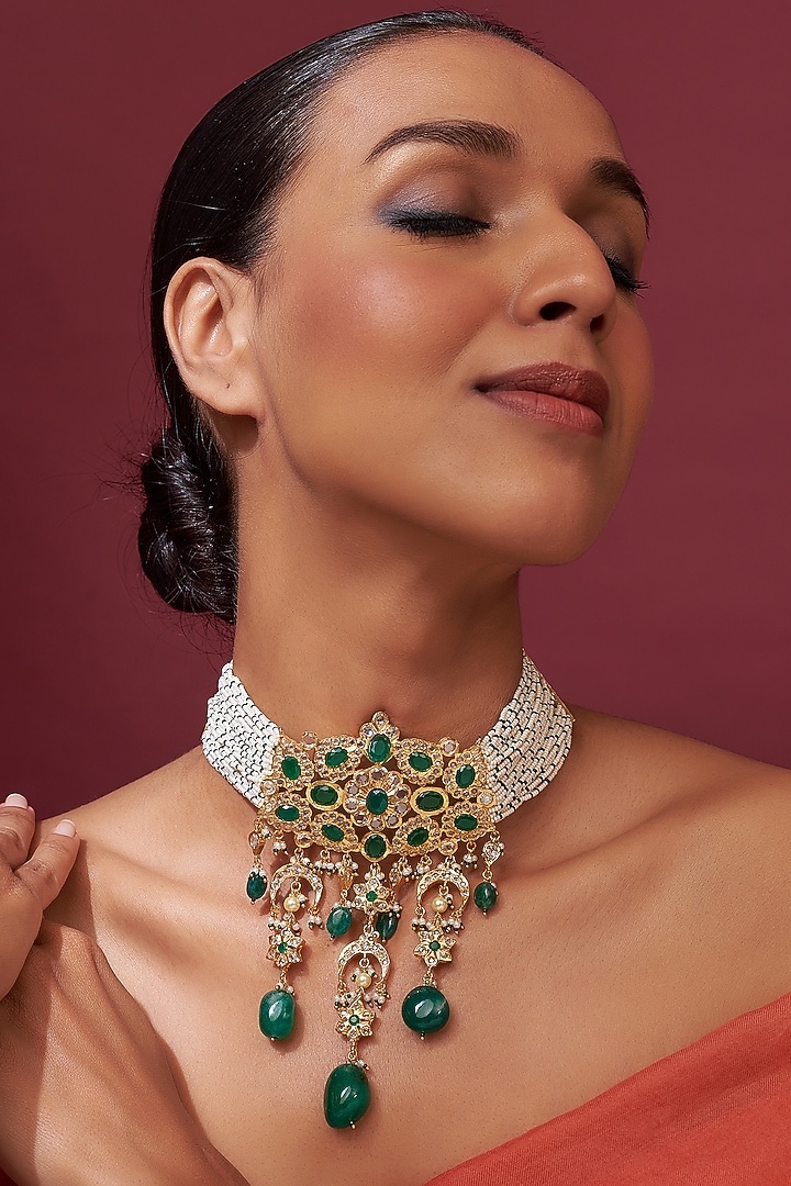 Gold Plated Green Onyx & Kundan Polki Choker Necklace by Kiara at Pernia's Pop Up Shop