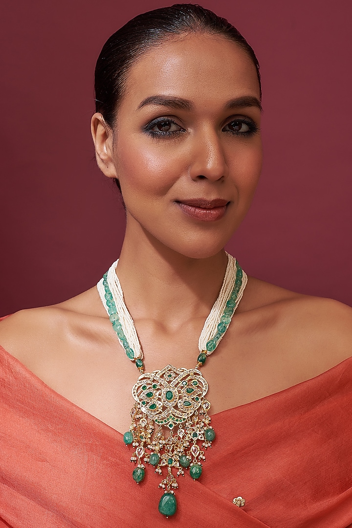 Gold Plated Green Onyx Bead & Kundan Polki Necklace by Kiara at Pernia's Pop Up Shop